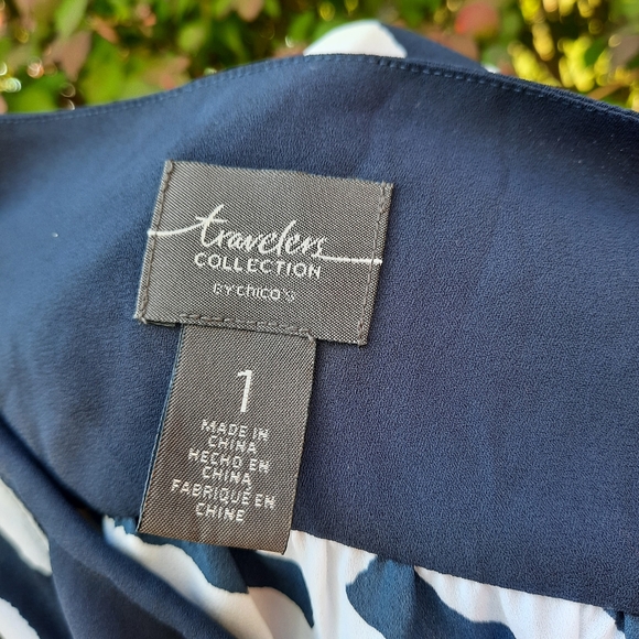 Chico's Travelers Sheer Geo Print Tassel Cutout Silky Coverup Top Navy Medium - Picture 12 of 13